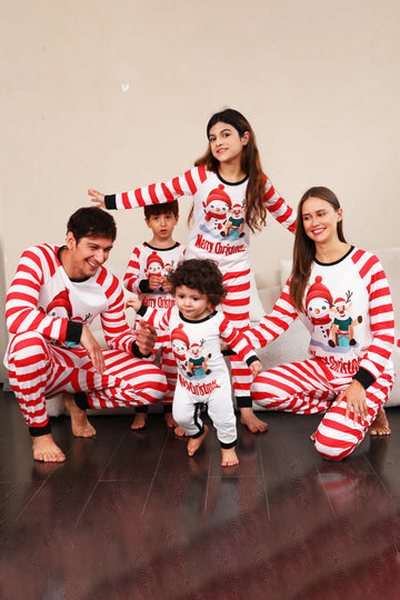 Juego de pijamas familiares navideños de muñecos de nieve de rayas rojas